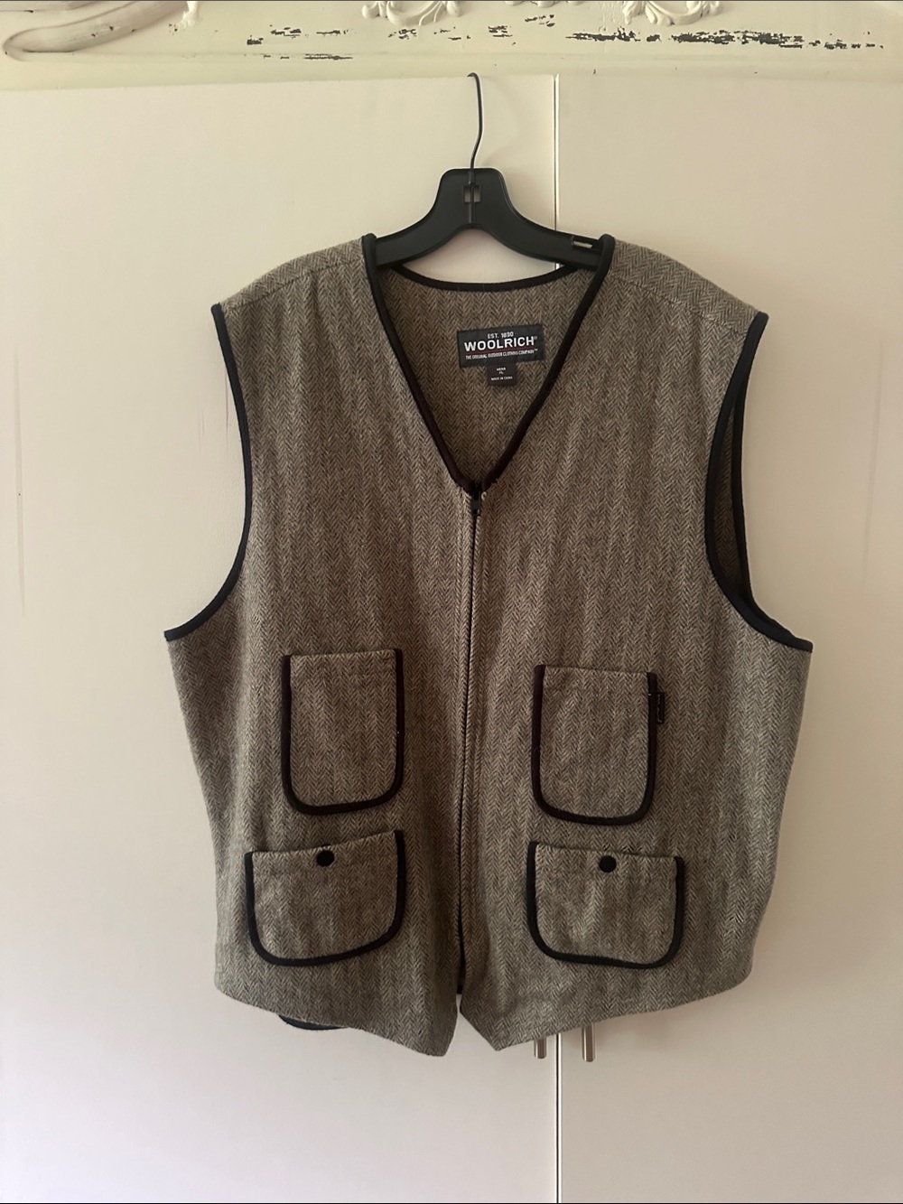 Woolrich Gray Herringbone Zip Vest with Black Trim